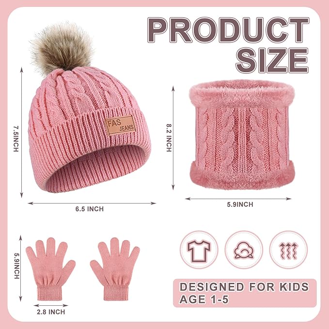 2-Set Toddler Winter Hat, Scarf & Gloves – Warm Knit Set for Girls & Boys (Ages 1–10, Purple/Pink)