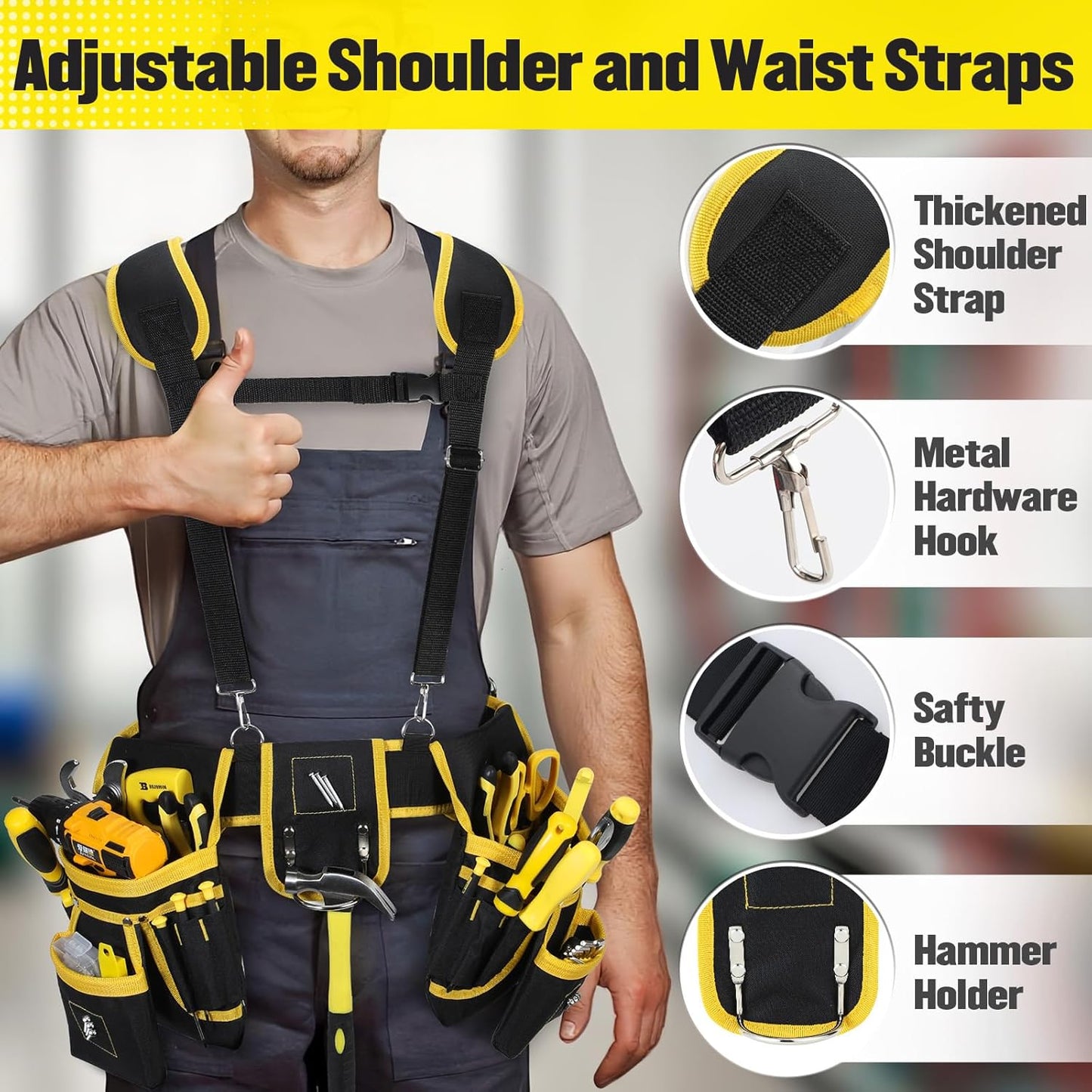 Professional Tool Belt with Suspenders – Heavy-Duty Adjustable Work Belt with Magnetic Tool Pouch for Electricians & Carpenters (Black/Yellow)