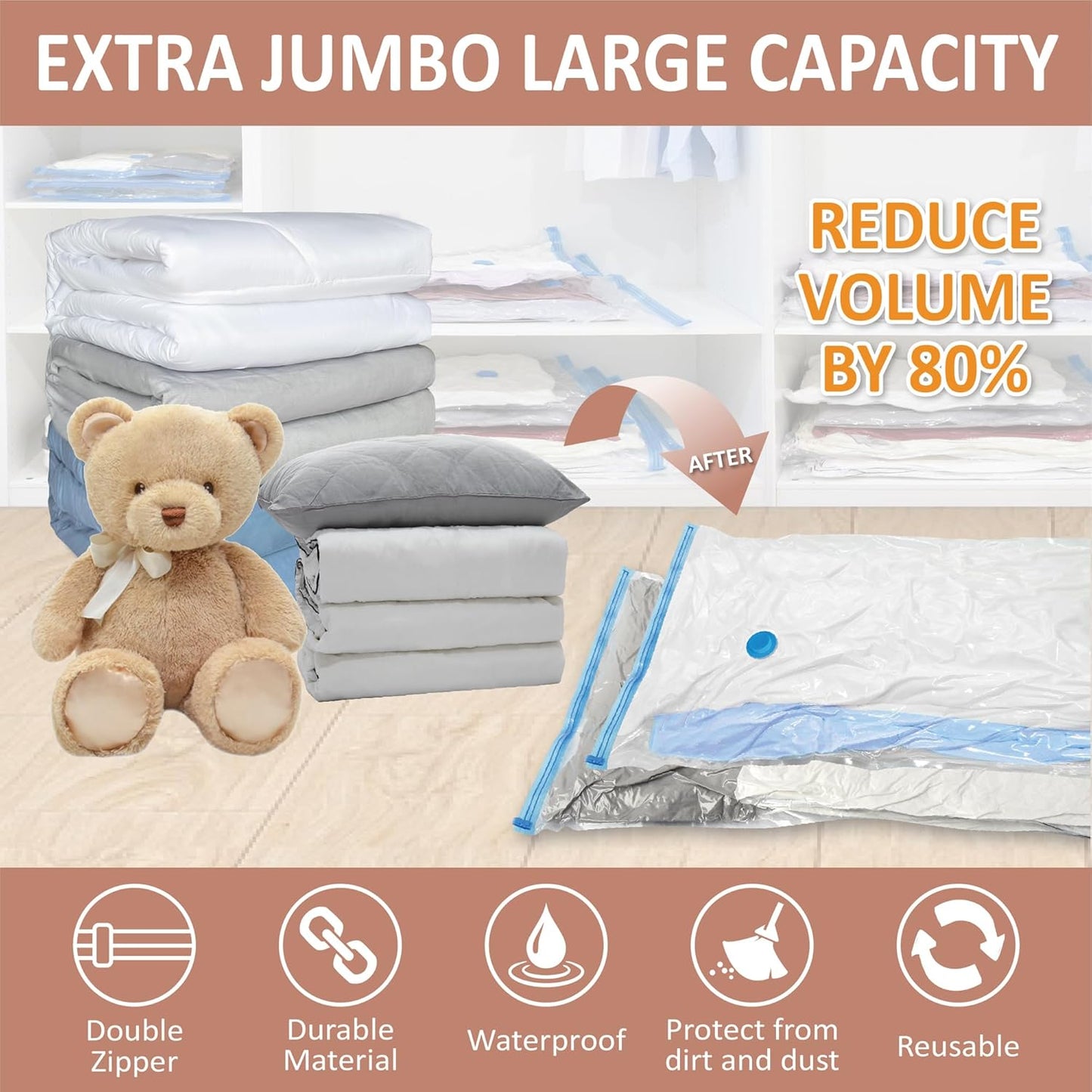 8-Pack XXL Vacuum Storage Bags – Extra-Large Space Saver Bags for Bedding & Comforters (47.2" x 35")