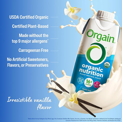 Orgain Organic Vegan Protein Shake – Vanilla Bean, 16g Plant Protein – 11 fl oz (Pack of 12)
