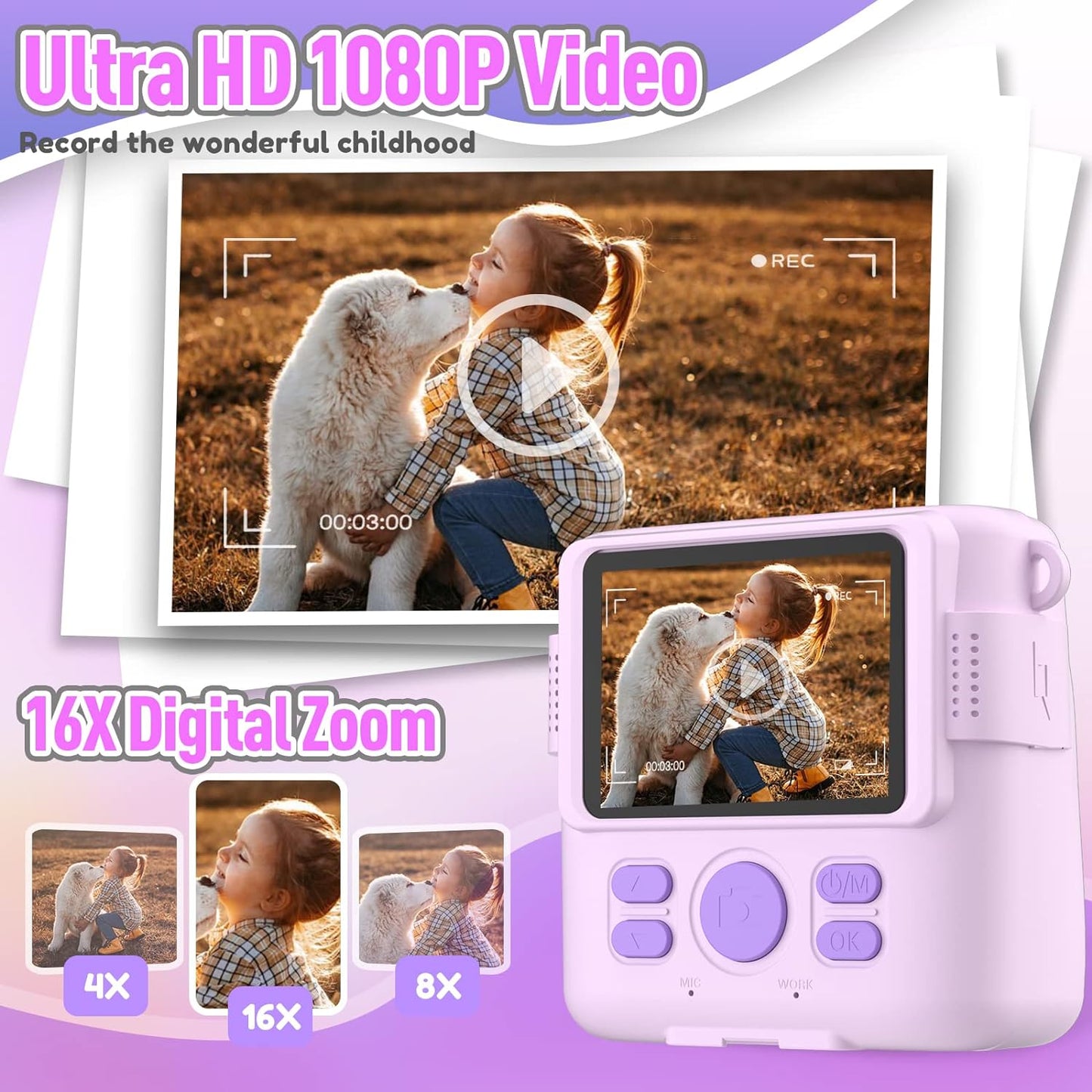 Kids Instant Print Camera – Digital Toy Camera with 32GB SD Card (Purple), Great Gift for Ages 3–12