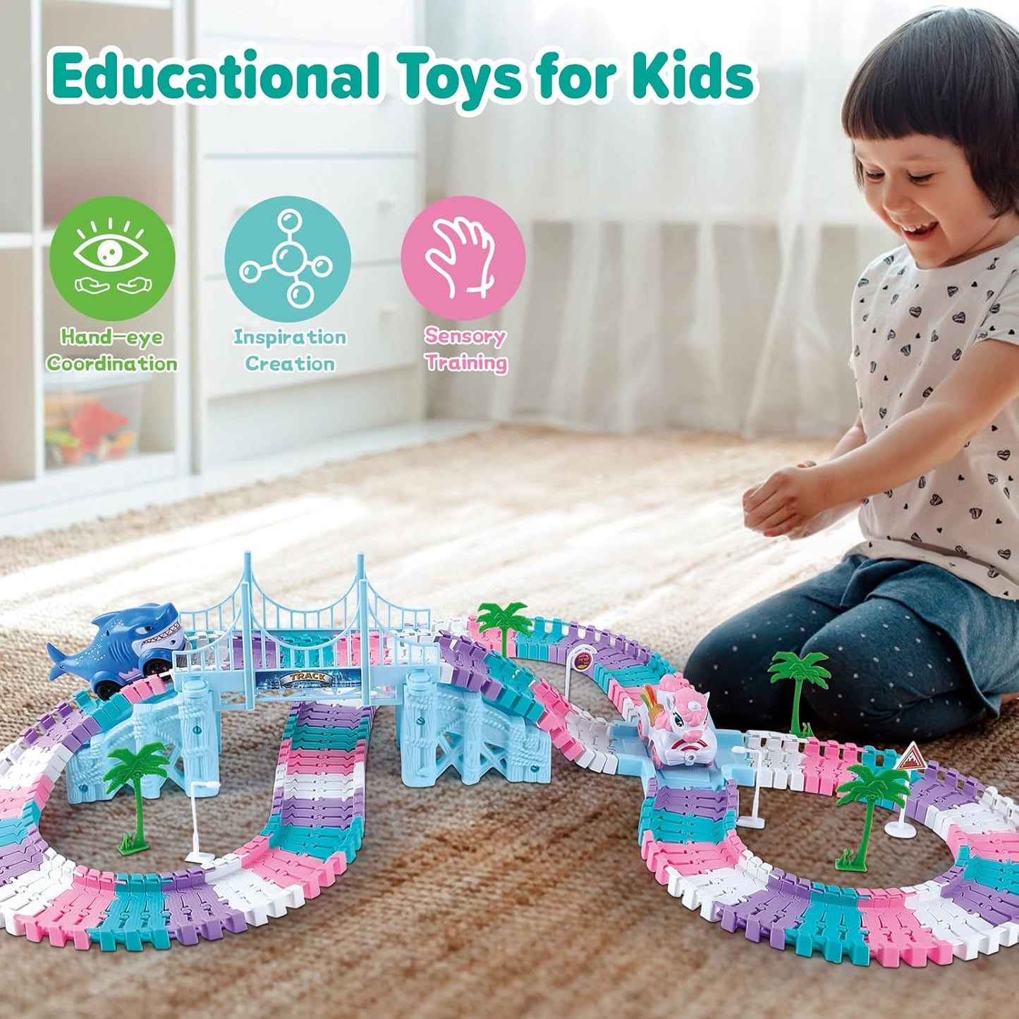 194 PCS Race Car Track Set – Monster Truck Toy for Kids Ages 3–8 – Building Car Toys for Boys & Girls