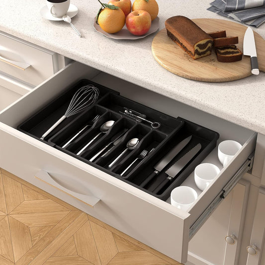 Expandable Silverware Drawer Organizer – BPA-Free Utensil Tray for Kitchen, Adjustable Storage for Spoons, Forks, and Knives, Large, Black