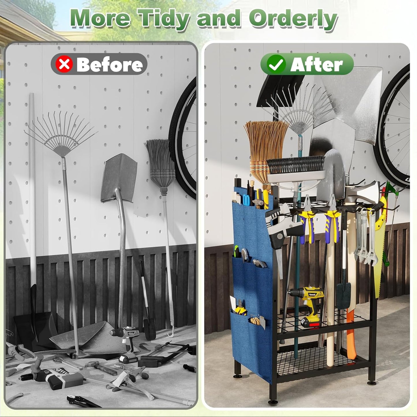 Garden Yard Tool Rack – Metal Garage Storage Organizer for Up to 46 Tools, Rakes, Brooms & Shovels