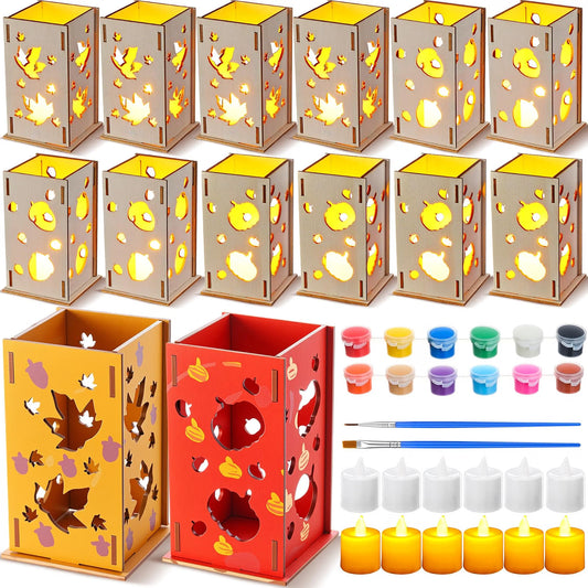 12-Set DIY Wooden Autumn Lantern Craft Kit – Fall Decorations with LED Candles for Kids & Thanksgiving Activities