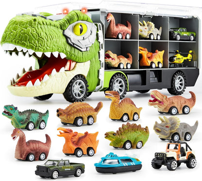 13-in-1 Dinosaur Toys for Kids Dinosaur Truck with 12 Pull-Back Cars