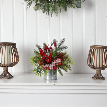 12in Holiday Table Arrangement with Pinecones, Berries, and Plaid Bow