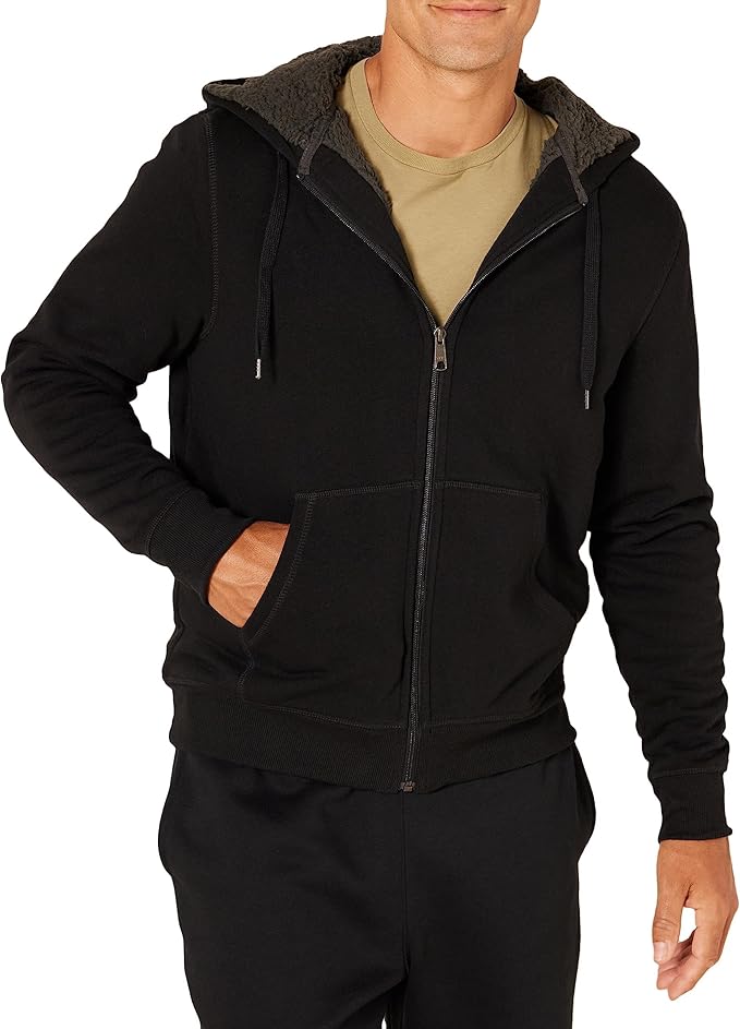 Men’s Sherpa-Lined Full-Zip Hoodie – Warm Fleece Sweatshirt (Black)