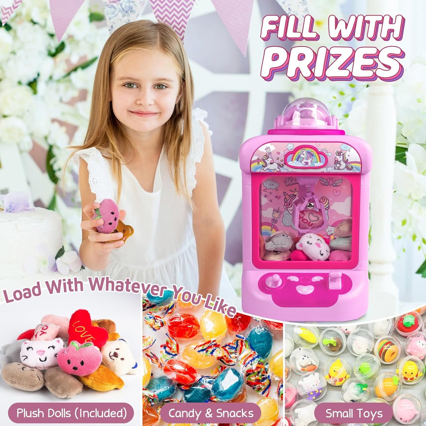 Claw Machine for Kids, Candy Grabber Prize Dispenser with Sound & 20 Mini Plush Toys