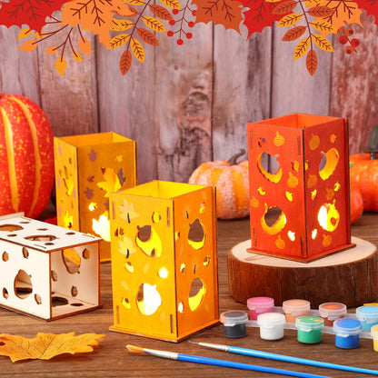 12-Set DIY Wooden Autumn Lantern Craft Kit – Fall Decorations with LED Candles for Kids & Thanksgiving Activities