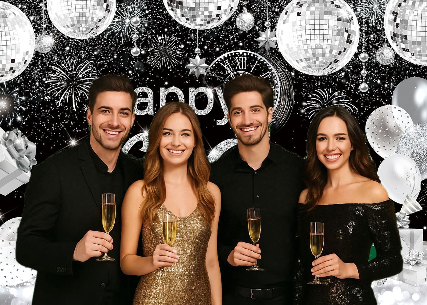 2026 Happy New Year Backdrop – 10x8 FT Black & Silver Photo Background with Fireworks & Champagne