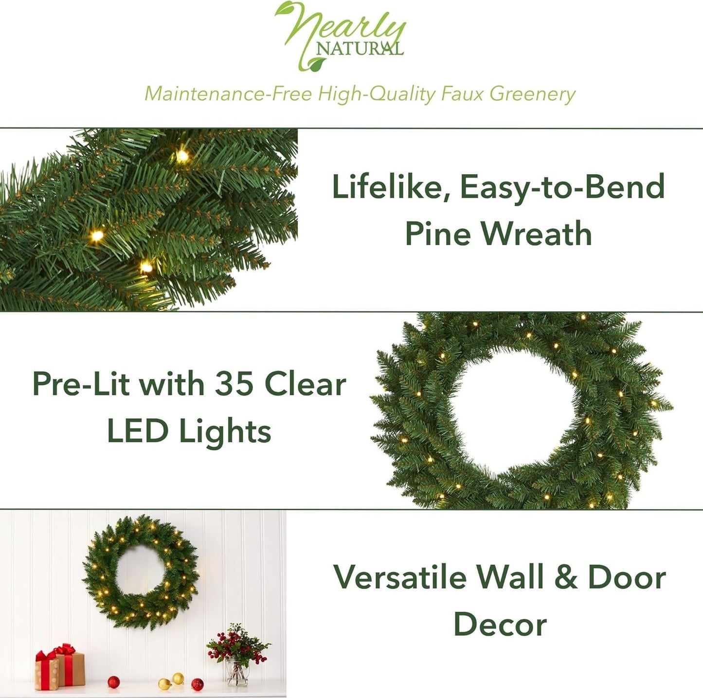 24in Green Pine Wreath with 35 Clear LED Lights