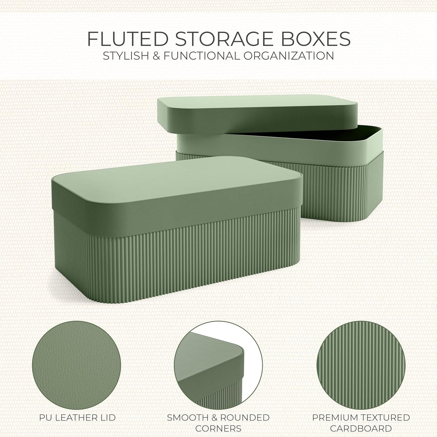 Set of 2 Decorative Storage Boxes with Lids - Fluted Cardboard Organizers for Home Decor