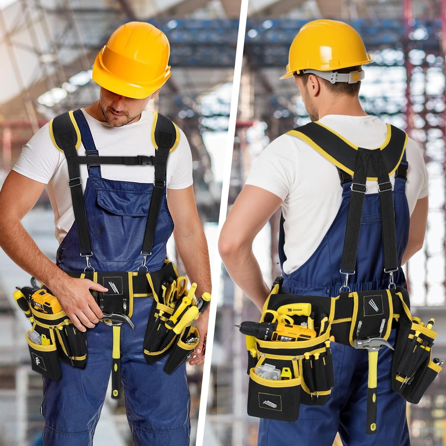 Professional Tool Belt with Suspenders – Heavy-Duty Adjustable Work Belt with Magnetic Tool Pouch for Electricians & Carpenters (Black/Yellow)