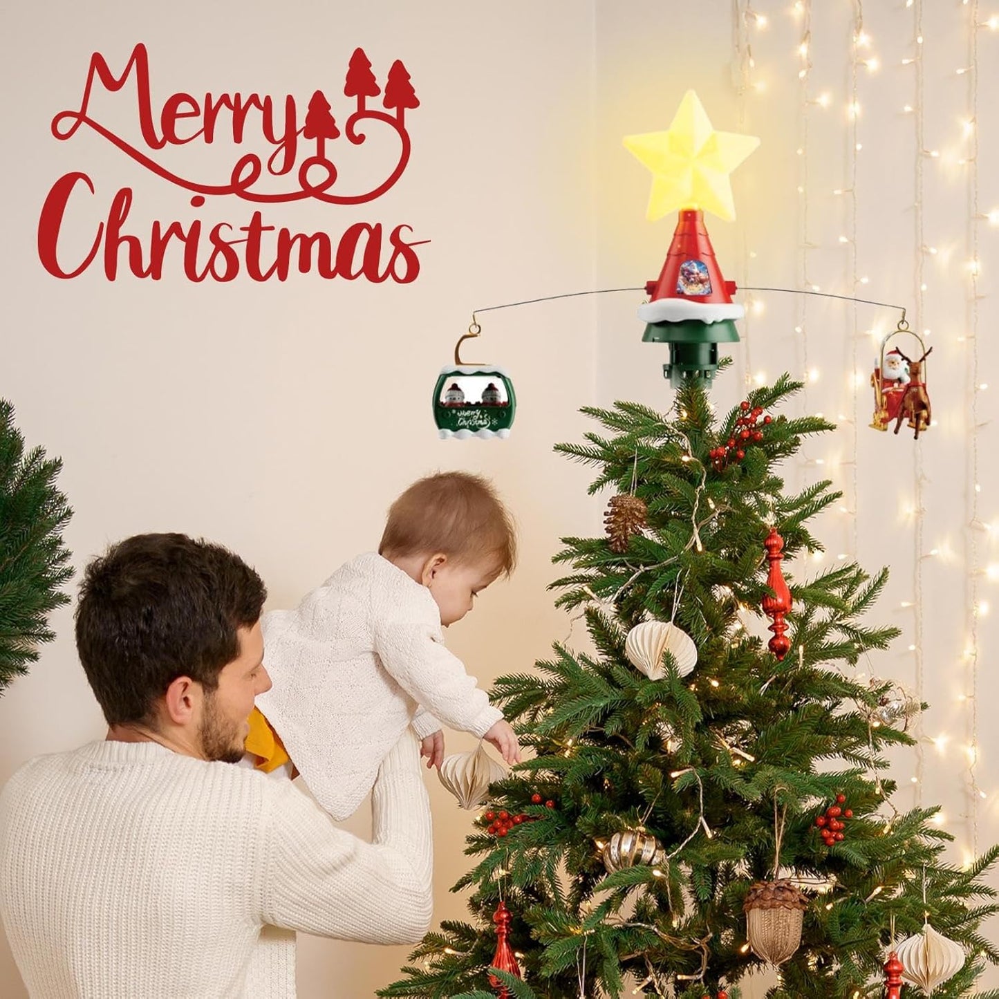 Electric-Rotating Star Christmas Tree Topper Ornament, with Led Star Santa Claus and Reindeer Sleigh