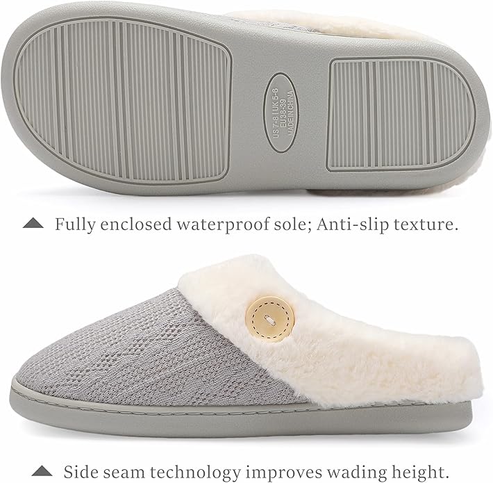 Women’s Memory Foam Slippers – Knitted Faux Fur Lined House Shoes with Anti-Skid Sole