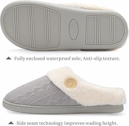 Women’s Memory Foam Slippers – Knitted Faux Fur Lined House Shoes with Anti-Skid Sole