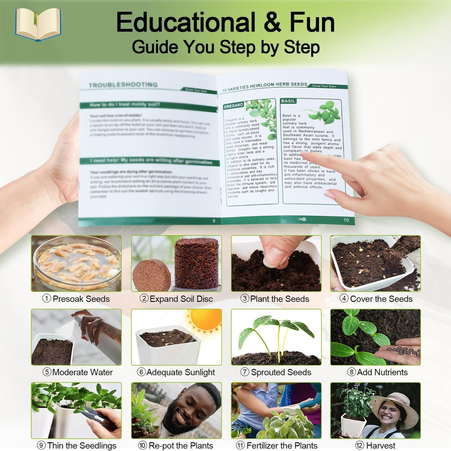 Indoor Herb Garden Kit – 10 Non-GMO Seeds with Pots, Soil & Moisture Meter