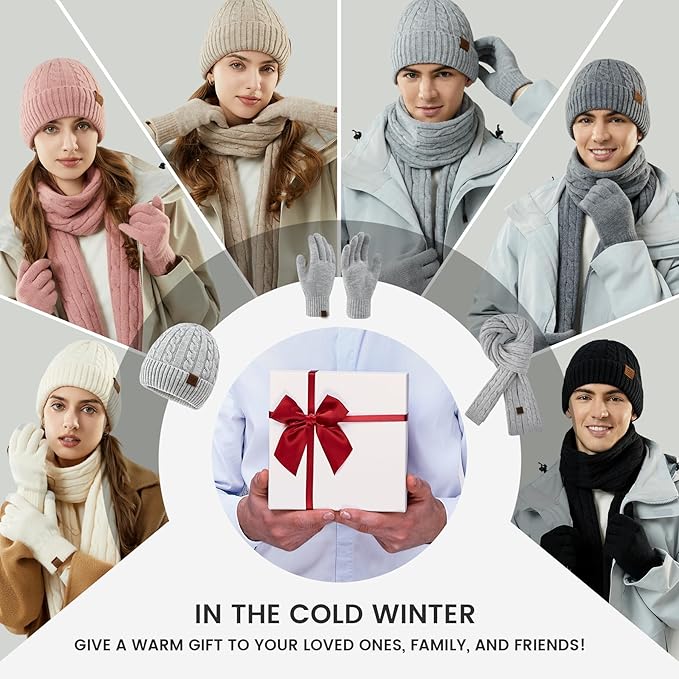 Women’s Winter Beanie, Scarf & Touchscreen Gloves Set – Fleece-Lined Knit Gift