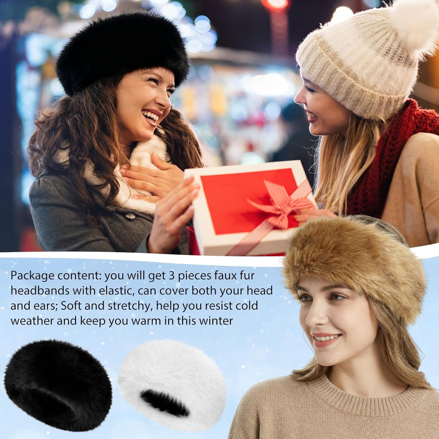 3-Pack Faux Fur Headbands for Women – Fluffy Winter Ear Warmers (3 Colors)