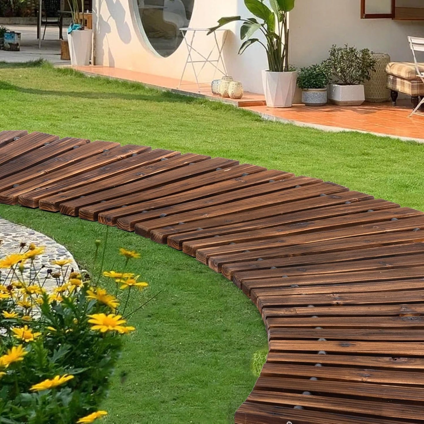 6FT Wooden Garden Pathway – Roll-Out Anti-Slip Outdoor Boardwalk (Walnut)
