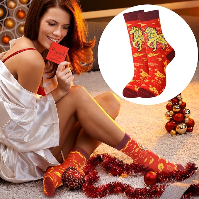 12 Pairs Chinese New Year Horse Socks 2026 - Red Fortune Cotton Socks for Men and Women