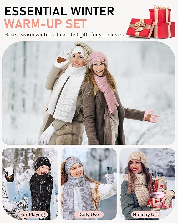 Women’s Winter Beanie, Scarf & Gloves Set – Slouchy Knit Hat, Ear Warmer & Touchscreen Gloves (4-Piece Set)