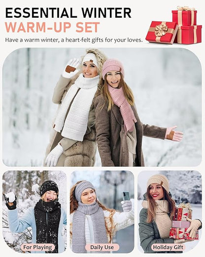 Women’s Winter Beanie, Scarf & Gloves Set – Slouchy Knit Hat, Ear Warmer & Touchscreen Gloves (4-Piece Set)