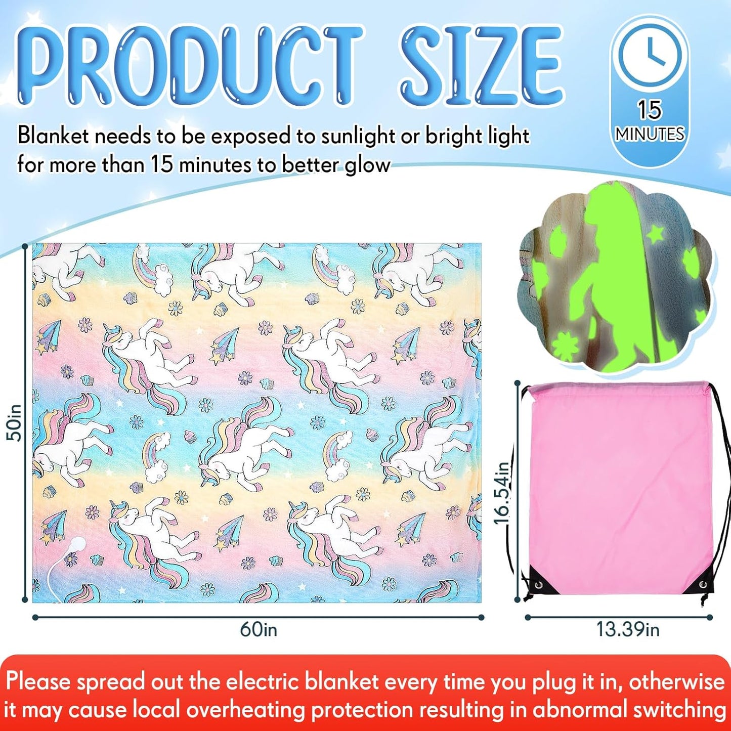Kids Heated Unicorn Blanket – Glow-in-the-Dark Electric Throw with Auto Shut-Off (50" x 60")