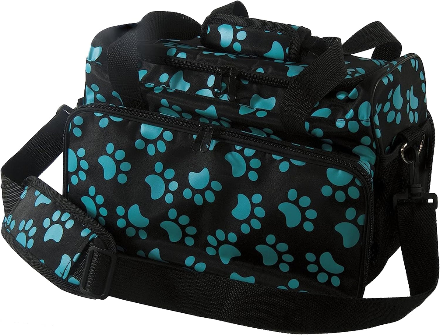 Pet Travel Tote Bag – Zippered Storage Bag for Dog & Cat Grooming Supplies – Turquoise Paw Print, 28.8"