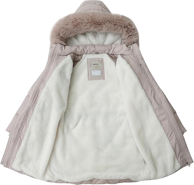 Girls’ Waterproof Winter Parka – Hooded Fleece-Lined Insulated Coat (Light Khaki, Size 5)