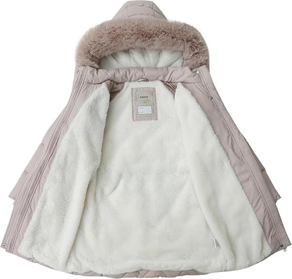 Girls’ Waterproof Winter Parka – Hooded Fleece-Lined Insulated Coat (Light Khaki, Size 5)