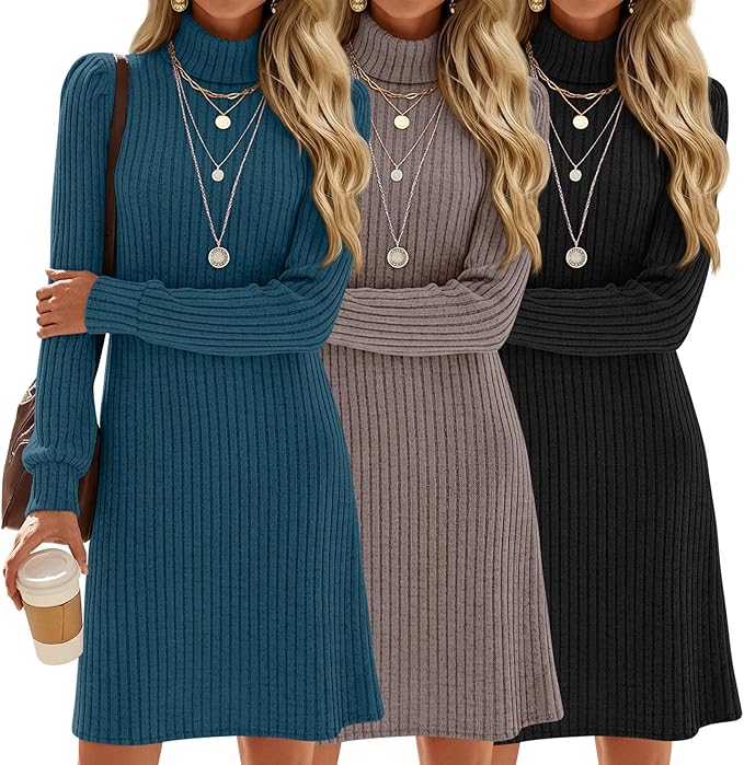3-Pack Women’s Turtleneck Sweater Dresses – Long Sleeve Ribbed Knit Mini Bodycon