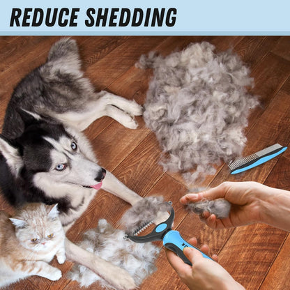 Pet Grooming Combo – Deshedding Brush & Metal Comb for Dogs & Cats with Long or Matted Fur – Blue