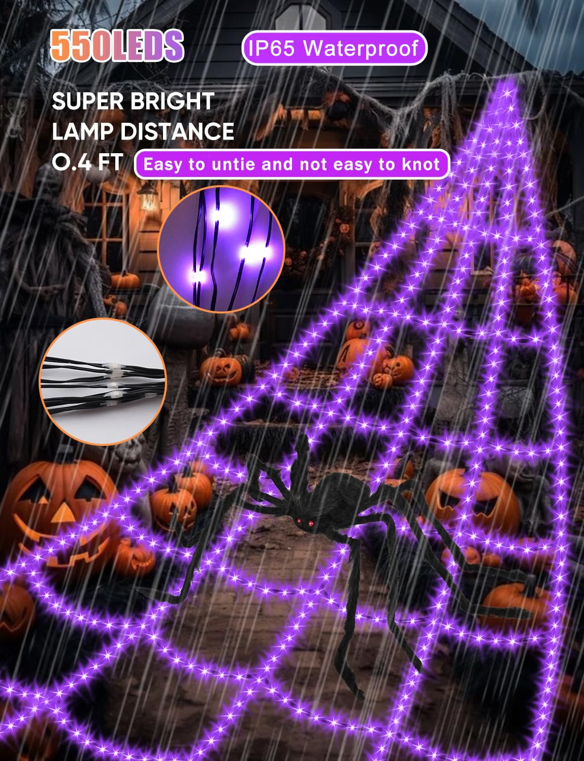16.4 FT Halloween Spider Web Lights with Spider – 550 LED Waterproof Outdoor Yard Decoration with 8 Lighting Modes & Memory Function