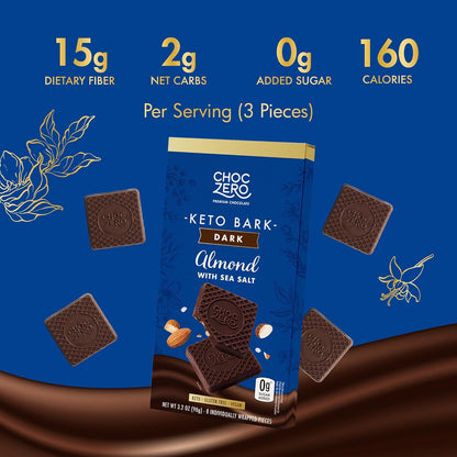 Sugar-Free Dark Chocolate Almond Keto Bark with Sea Salt – Vegan, Low Carb, High Fiber, No Sugar Alcohols, 3.2 oz Bars (4 Pack)