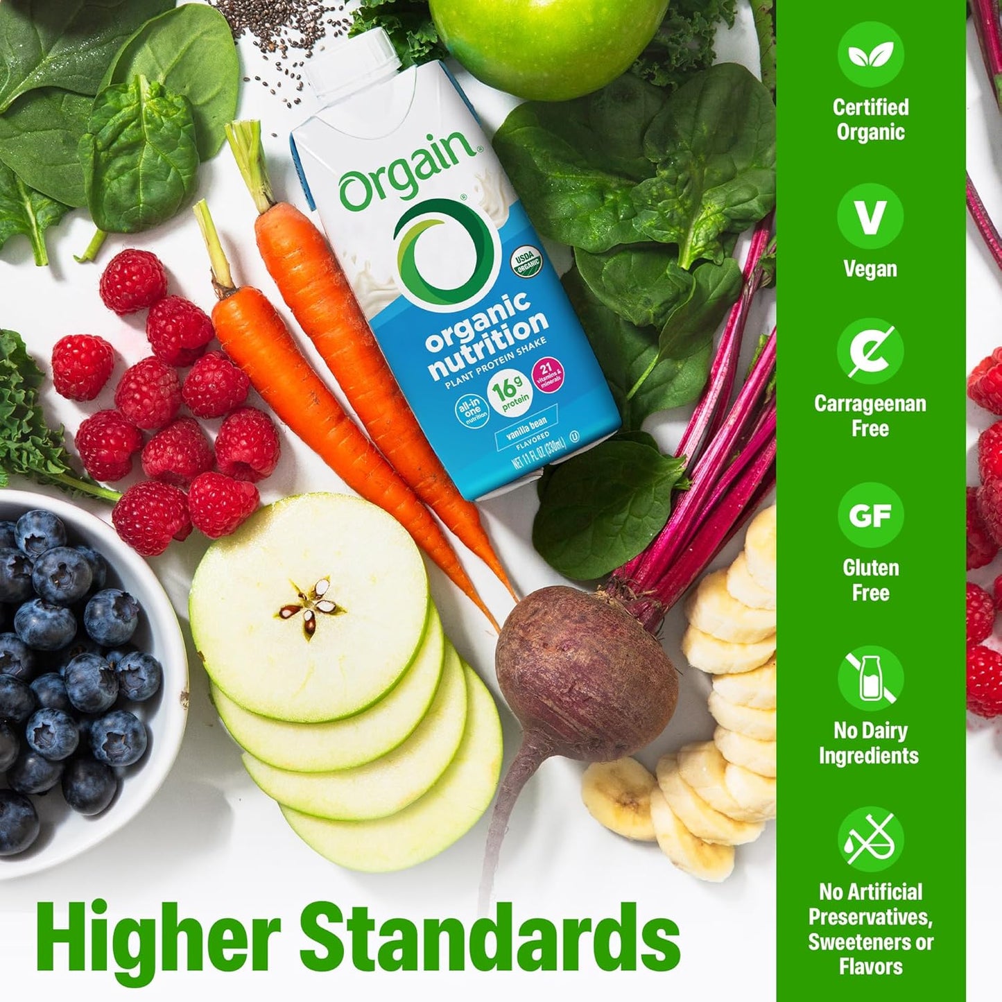Orgain Organic Vegan Protein Shake – Vanilla Bean, 16g Plant Protein – 11 fl oz (Pack of 12)