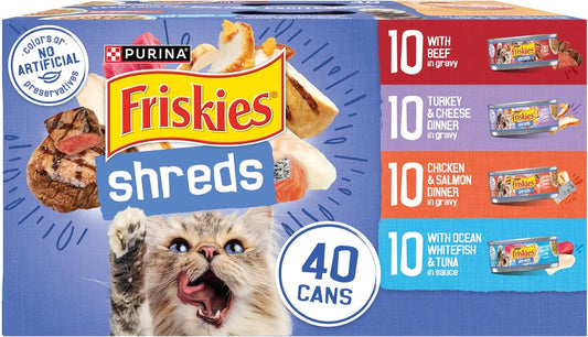 Wet Cat Food Variety Pack – Shreds with Beef, Turkey, Chicken, Salmon, Whitefish & Tuna, 5.5 oz Cans (40 Pack)