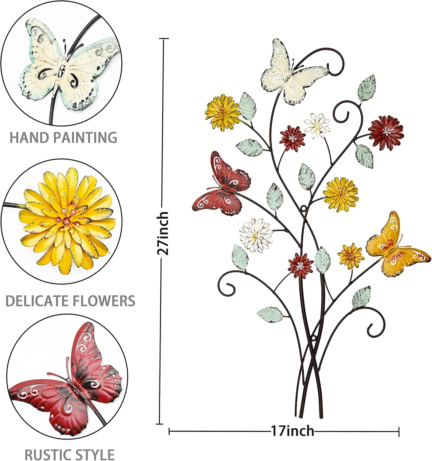 Metal Wall Art- Flower & Butterfly Wall Decor Modern Farmhouse Decoration Rustic Wall Decor for Bedroom Bathroom Living room Outdoor Garden 27inch×17inch Set of 2 (Set of two)
