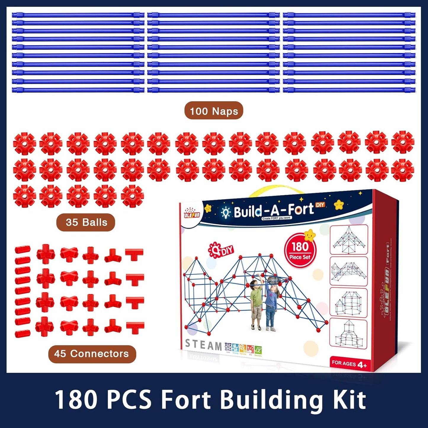 180-Piece Fort Building Kit – Creative STEM Construction Set for Kids (Ages 4–8+)