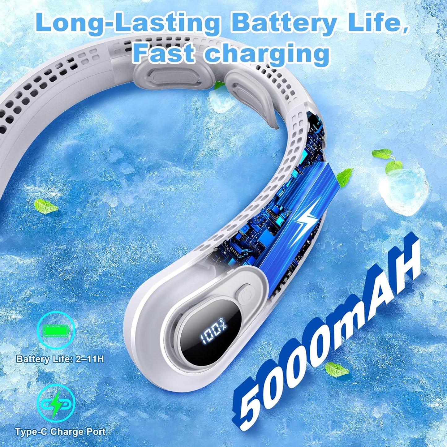 Portable Rechargeable Neck Fan – 5000mAh Bladeless Wearable Cooling Fan with LED Display & 5 Speeds