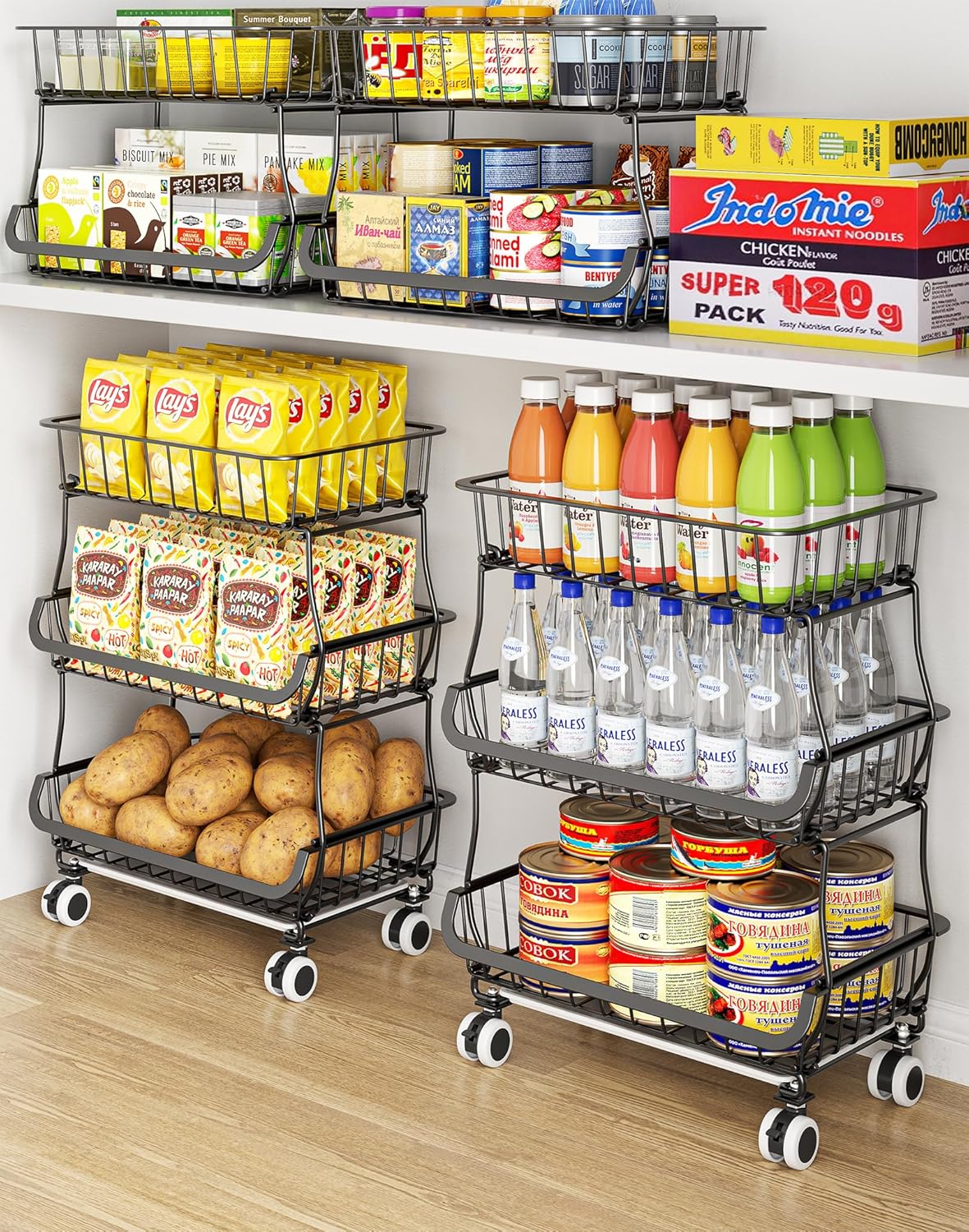 3-Tier Rolling Pantry Organizer Cart – Stackable Wire Baskets for Kitchen, Fruit & Snack Storage with Wheels