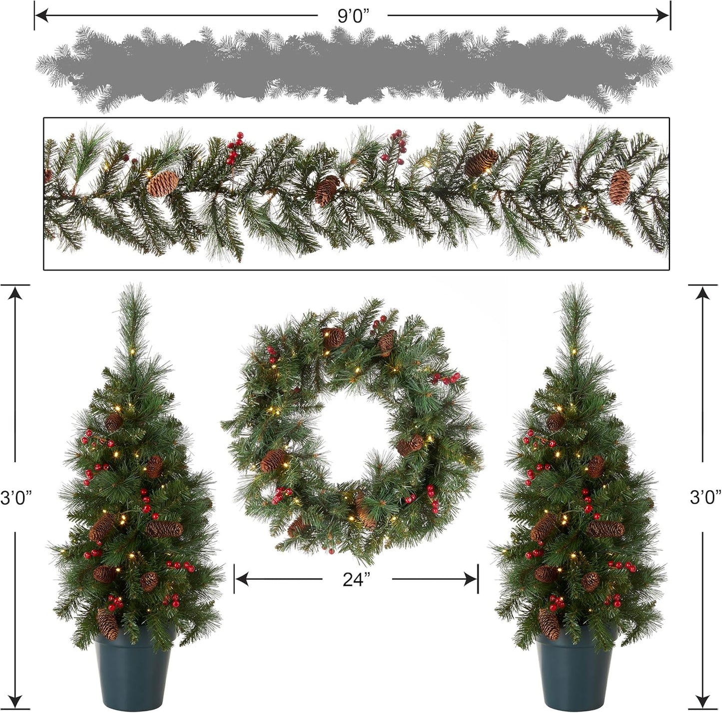 Pre-Lit Christmas Decoration Set - 4 Pieces with Trees, Wreath, and Garland