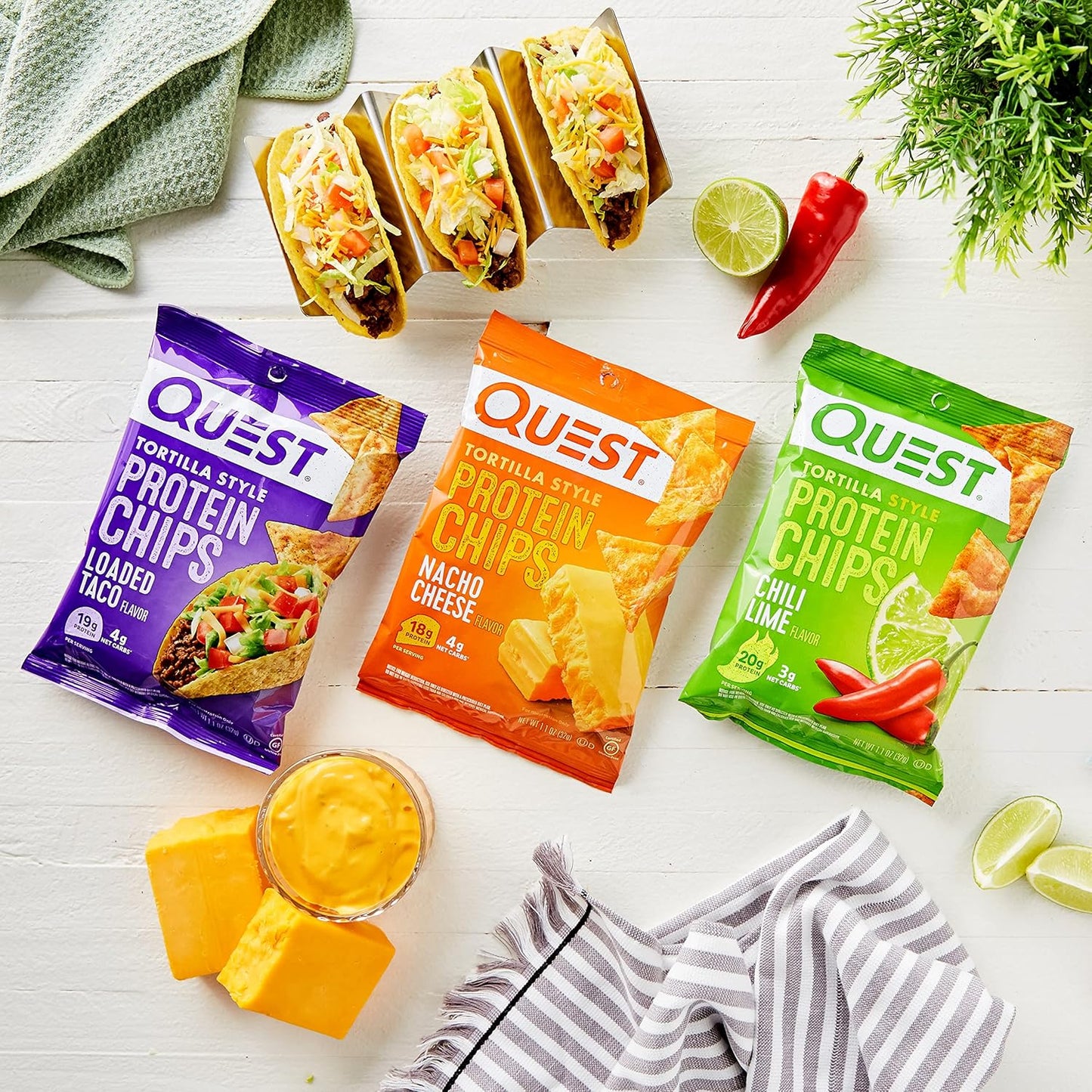 12-Count Quest Nutrition Tortilla Protein Chips Variety Pack – Chili Lime, Nacho Cheese & Loaded Taco | Low Carb, High Protein
