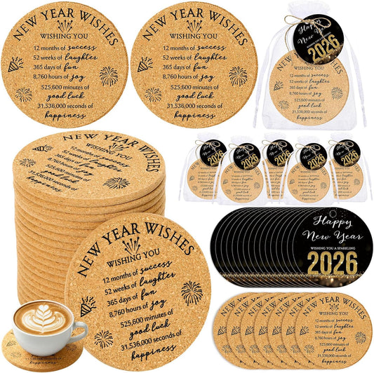 20 Sets Happy New Year Gifts - Cork Coasters with Blessing Cards for Guests (3.94" Cup Holders)