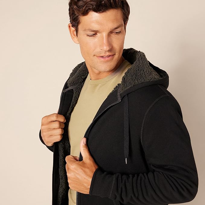 Men’s Sherpa-Lined Full-Zip Hoodie – Warm Fleece Sweatshirt (Black)