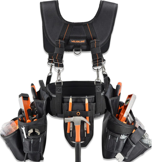39 Pocket Tool Belt with Suspenders – 4" Padded Carpenter Tool Pouch for Men