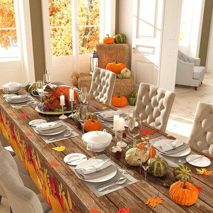 100 FT x 54" Fall Plastic Tablecloth Roll with Cutter – Pumpkin & Maple Leaf Thanksgiving Table Cover for Autumn Harvest Parties