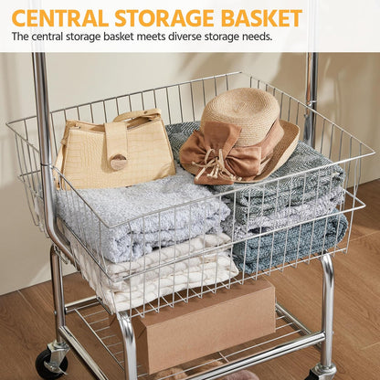 Rolling Laundry Cart with Hanging Rack – Chrome-Plated Organizer