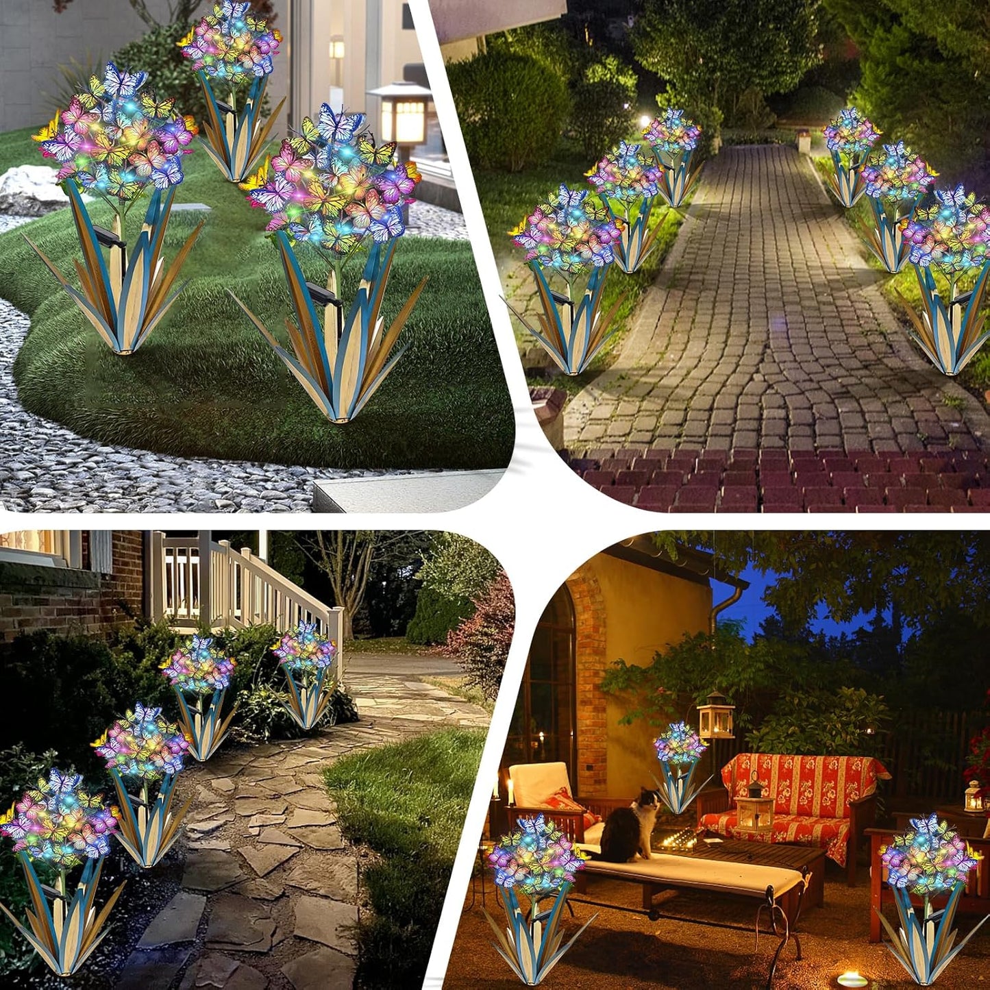 Solar Metal Agave Garden Stakes (3 PCS Blue) – Butterfly & Sunflower Outdoor Decor with Swaying Solar Lights for Yard, Patio & Lawn